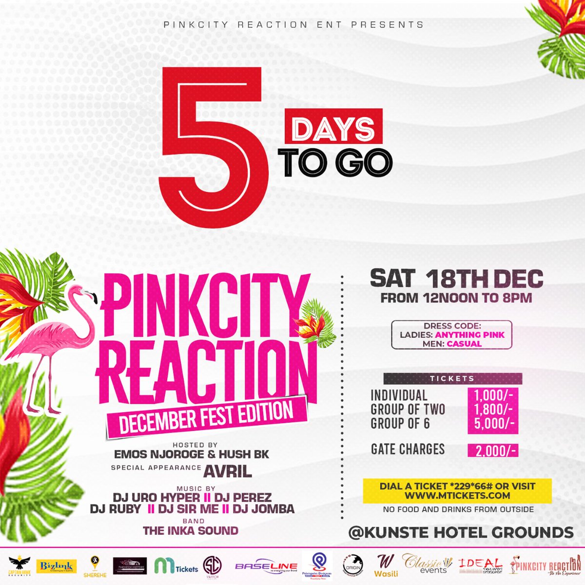 EmosNjoroge's tweet image. Five Days to Pink City Reaction December Fest edition at Kunste Grounds 🔥🔥🔥🎉🥳!
Get Advance Tickets via *229*66# or
Visit @pinkcityreactio mtickets.com/buy/pink-city-…

@AvrilKenya @JombaDj @deejayruby_ @djperez254 @hushbk2 @Djurokenya @DjSirMeKenya @theinkasound @EmosNjoroge