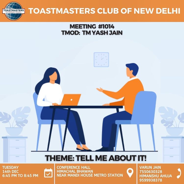 Our TMOD for the next meeting TM Yash has some doubts, questions ❓and want to ask you all.🤔 This Tuesday let’s help him with his doubts 🙋‍♂️ and don't forget that the Club Elections will also take place on 14th.
See you all there at Himachal Bhawan, 6:45 pm!😊
#toastmasters #tmnd
