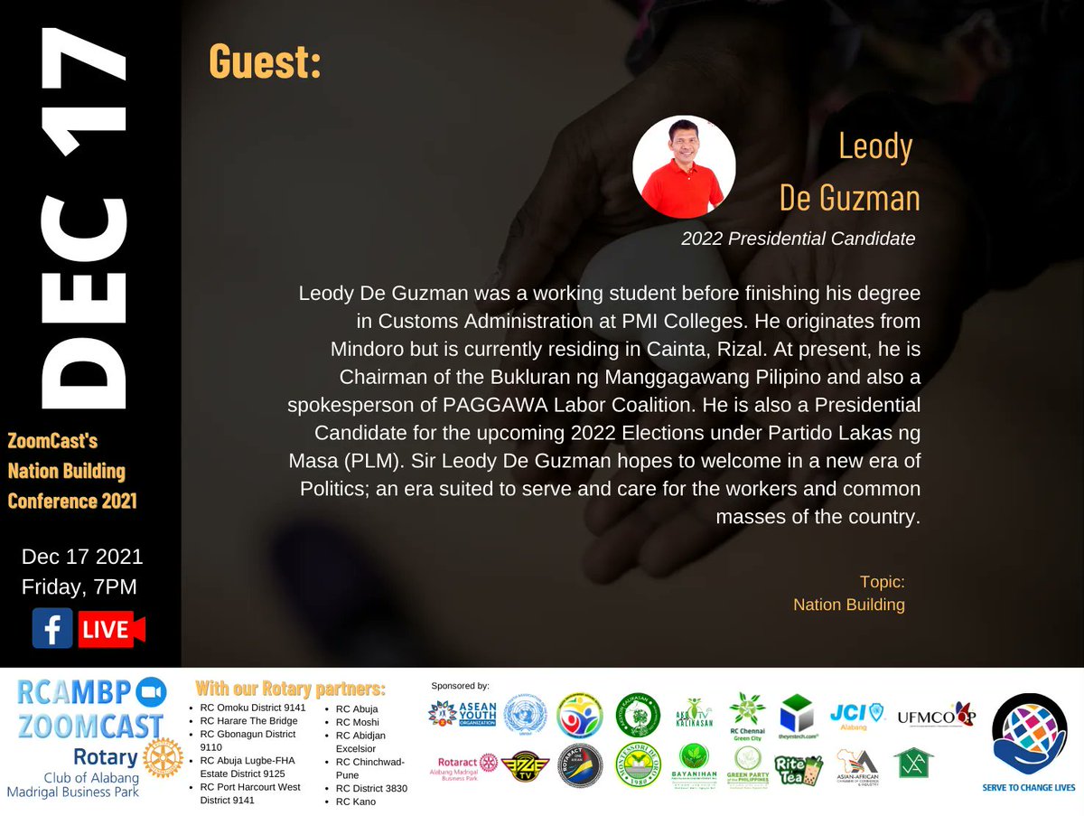 daviddangeloph's tweet photo. Join us this Friday, December 17 for another inspiring and eye opening FRIDATE ZOOMCAST with our very special guest Ka Leody De Guzman @LeodyManggagawa.
Topic: NATION BUILDING
Time: 7:00 PM
https://t.co/WjEoUQeEbt
Meeting ID: 833 9332 6801
Passcode: 473744
#RCAMBP #RotaryClub https://t.co/wONjNWo89i