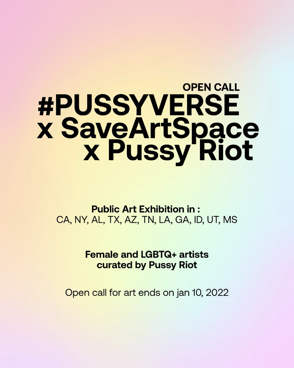 Female and LGBTQ+ artists! Submit 1 visual artwork on the topic of smashing the patriarchy.

I'll pick 10 artworks, which will be erected on banners across the US

10 artworks will participate in an NFT auction, promoted by Pussy Riot x <a href="/justinaversano/">justinaversano</a> 😈

saveartspace.org/submit