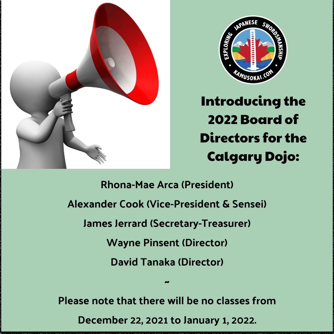 KaMusoKai's tweet photo. At the Calgary dojo's Annual General Meeting this weekend, we elected a new Board of Directors. Also, please note that our last class for 2021 will be on Sunday, December 19. Regular training resumes January 2, 2022. #martialart #japanesemartialarts #japanesesword #yycmartialarts https://t.co/ghwVYxyNym