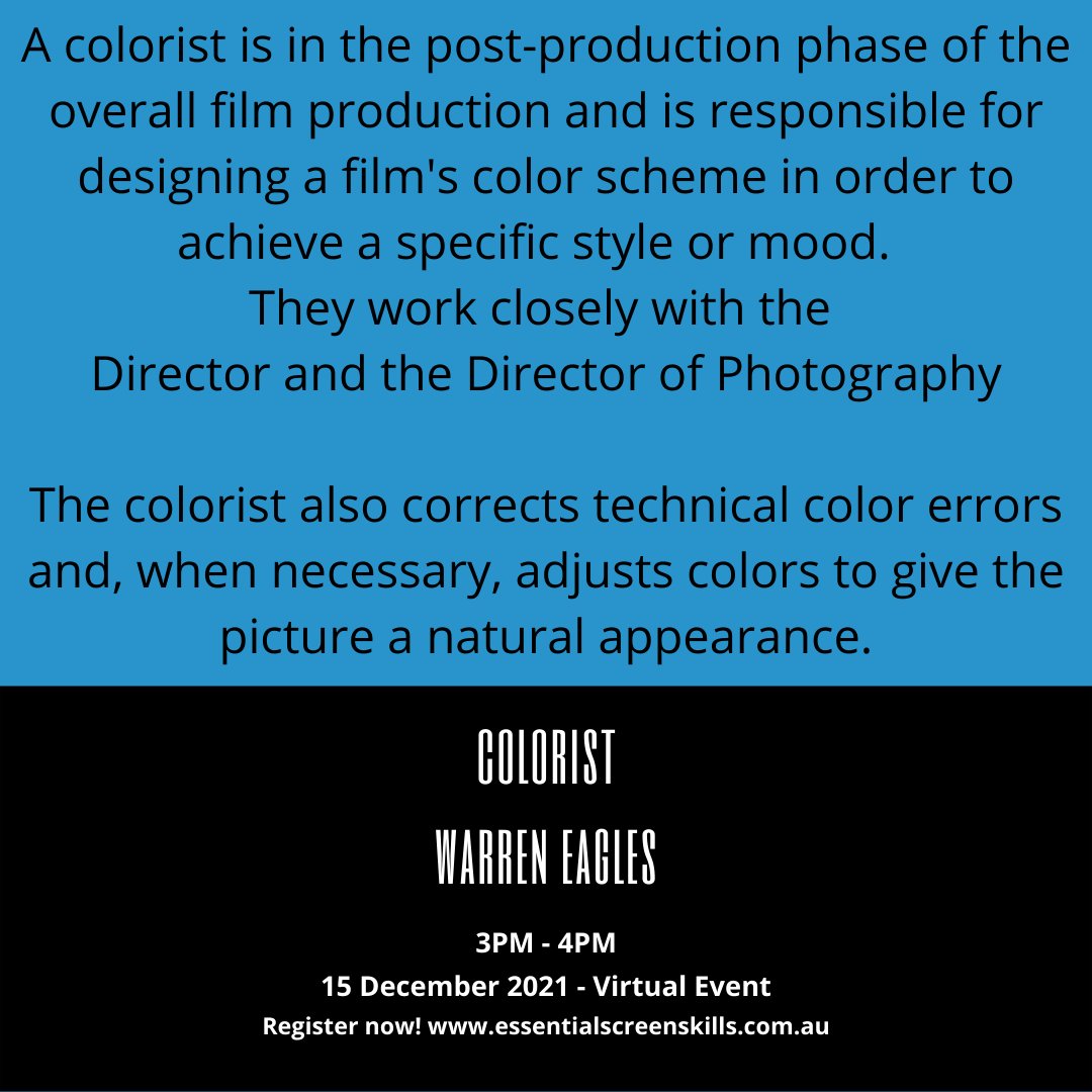 SPOTLIGHT ON COLORIST! Join our AMAZING guest speaker, Warren Eagles, to find out more about what a Colorist does. Warren has an extensive 30 year career with experience in all forms of color correction. REGISTER AT essentialscreenskills.com.au/.../1st-assist…
#colorist #youngfilmmakers #schools