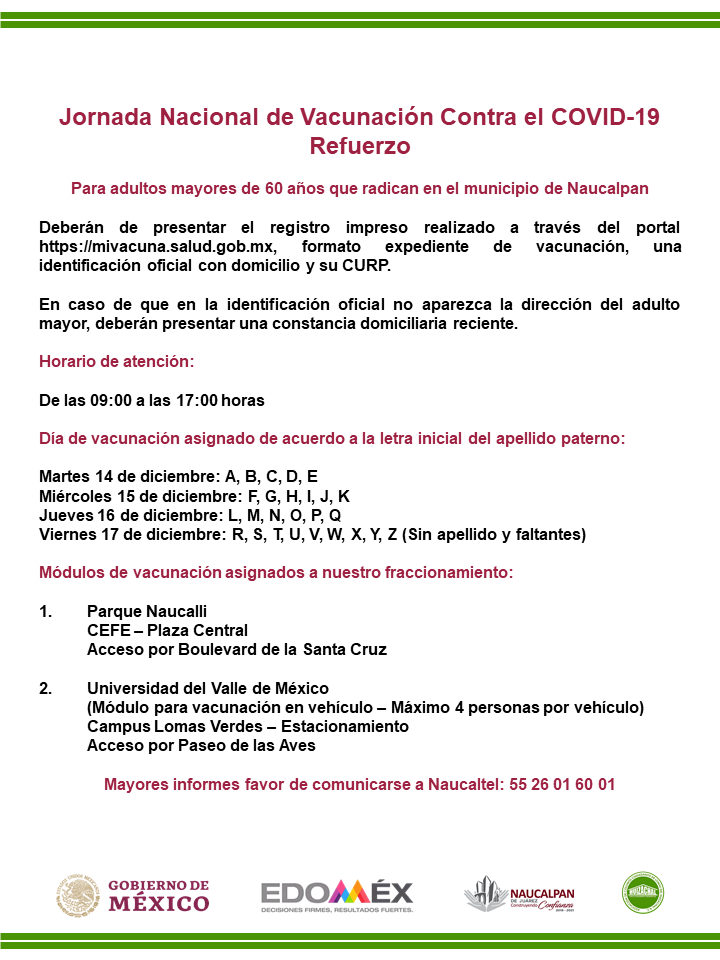 ⚠️ Jornada Nacional de Vacunación Contra el COVID-19 • Refuerzo 💉 

Para adultos mayores de 60 años que radican en el municipio de Naucalpan

Mayores informes favor de comunicarse a Naucaltel: 55 26 01 60 01