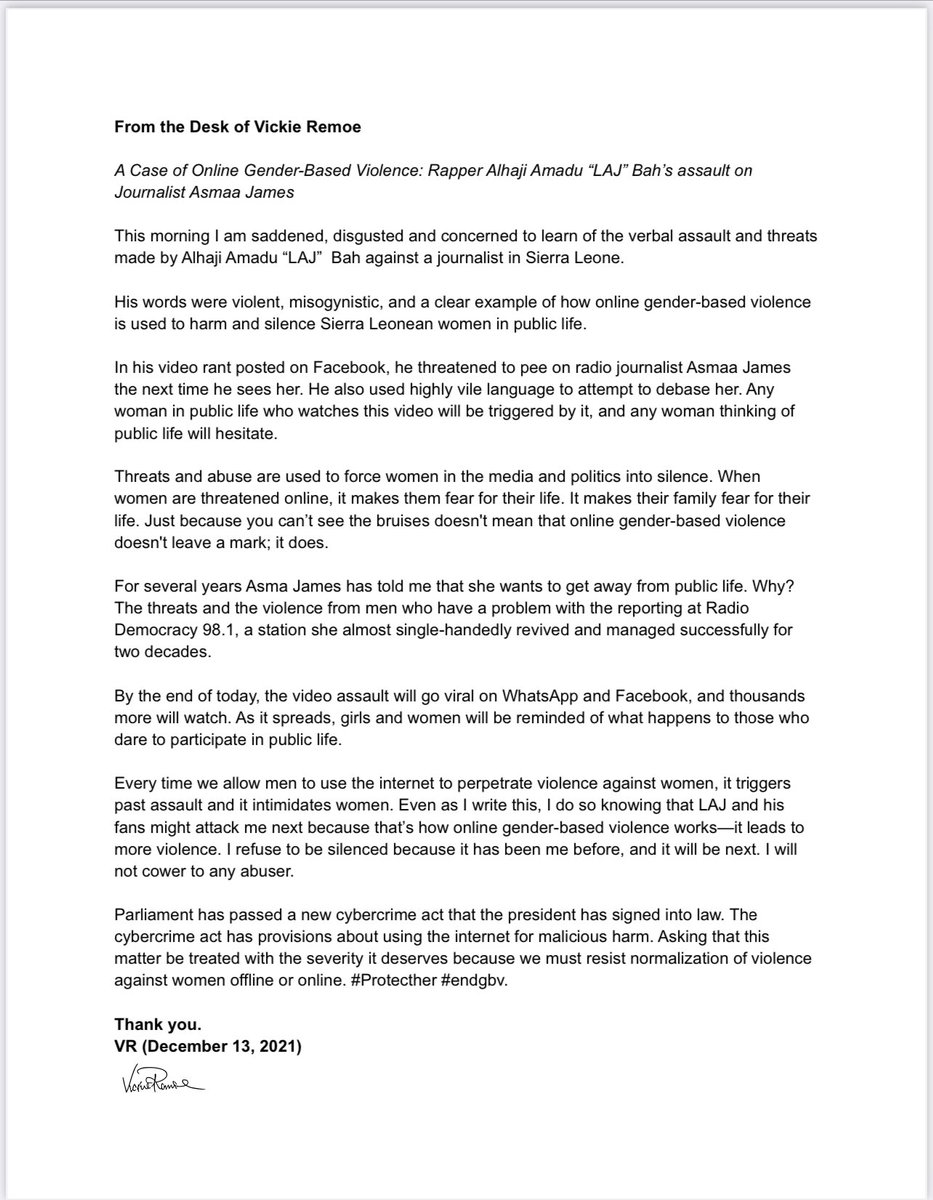 Yesterday over 50,000 people watched rappers LAJ’s live @Facebook rant where he threatened to assualt veteran journalist Asmaa James.

There must be ZERO tolerance for online gender-based violence in #SierraLeone. 

#16DaysofActivism2021 
#OrangeTheWorld 
#SaloneTwitter