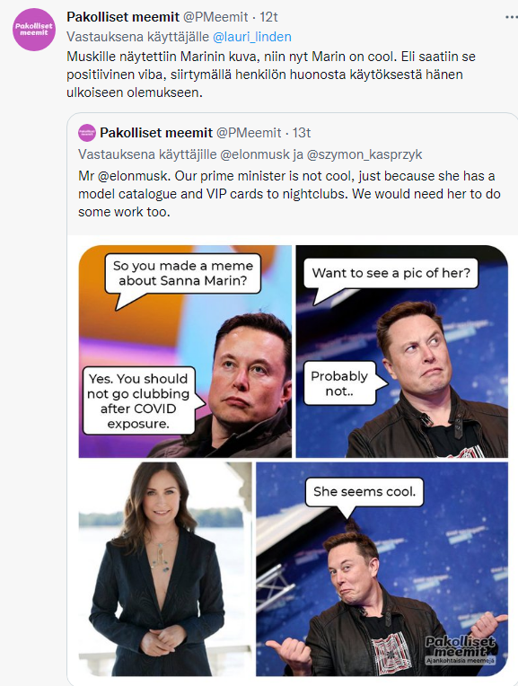 rausami's tweet photo. Mikäs tämä tämmöinen käppämeemitili on? "Muskille näytettiin kuva niin nyt Marin on cool." Täh? #hapokasta https://t.co/LqQSFgKqBL