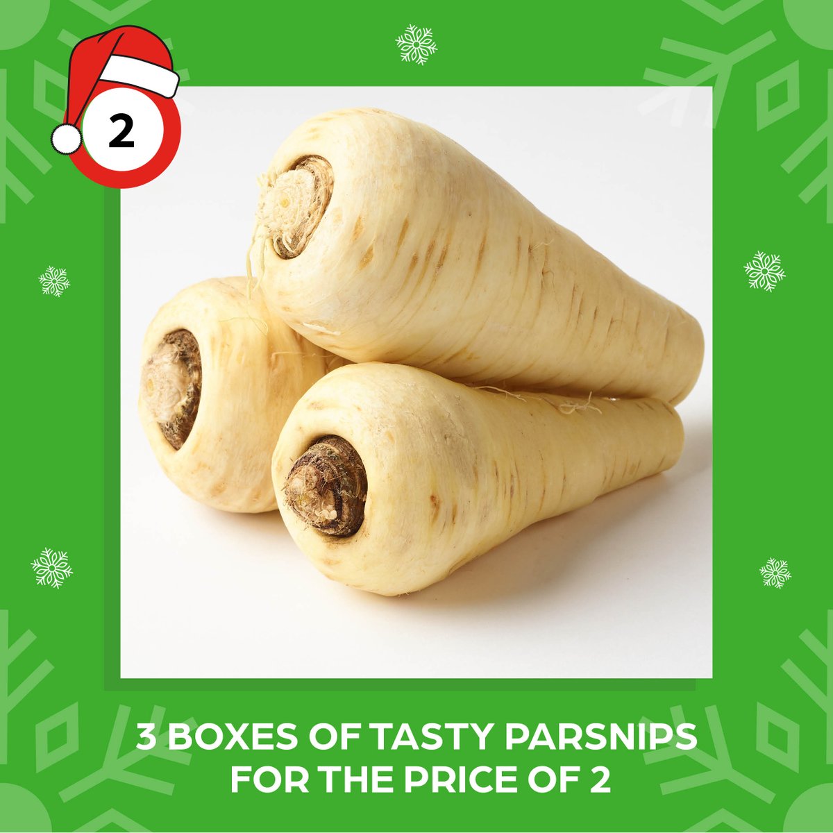 On the second day of Christmas Class One gave to me 3 boxes of tasty parsnips for the price of 2. Yes that's right, until midnight tonight you can get 3 for 2 on our parsnips, a firm festive favourite. Call 01756700244 to order now for delivery tomorrow.