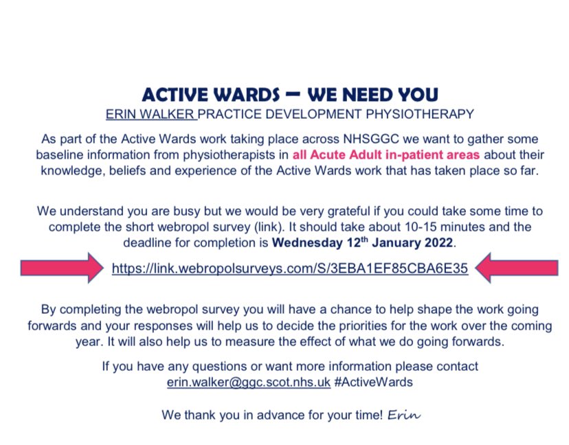 ErinW20physio's tweet photo. 📣📣📣#NHSGGC inpatient #physios.There’s still time…..please take 10 minutes to complete our #activewards survey! Your input is vital to make sure you and your service are represented as we move forwards! **Get the link in December #physiofocus or from your PT team lead!** https://t.co/t0igEi7VMZ