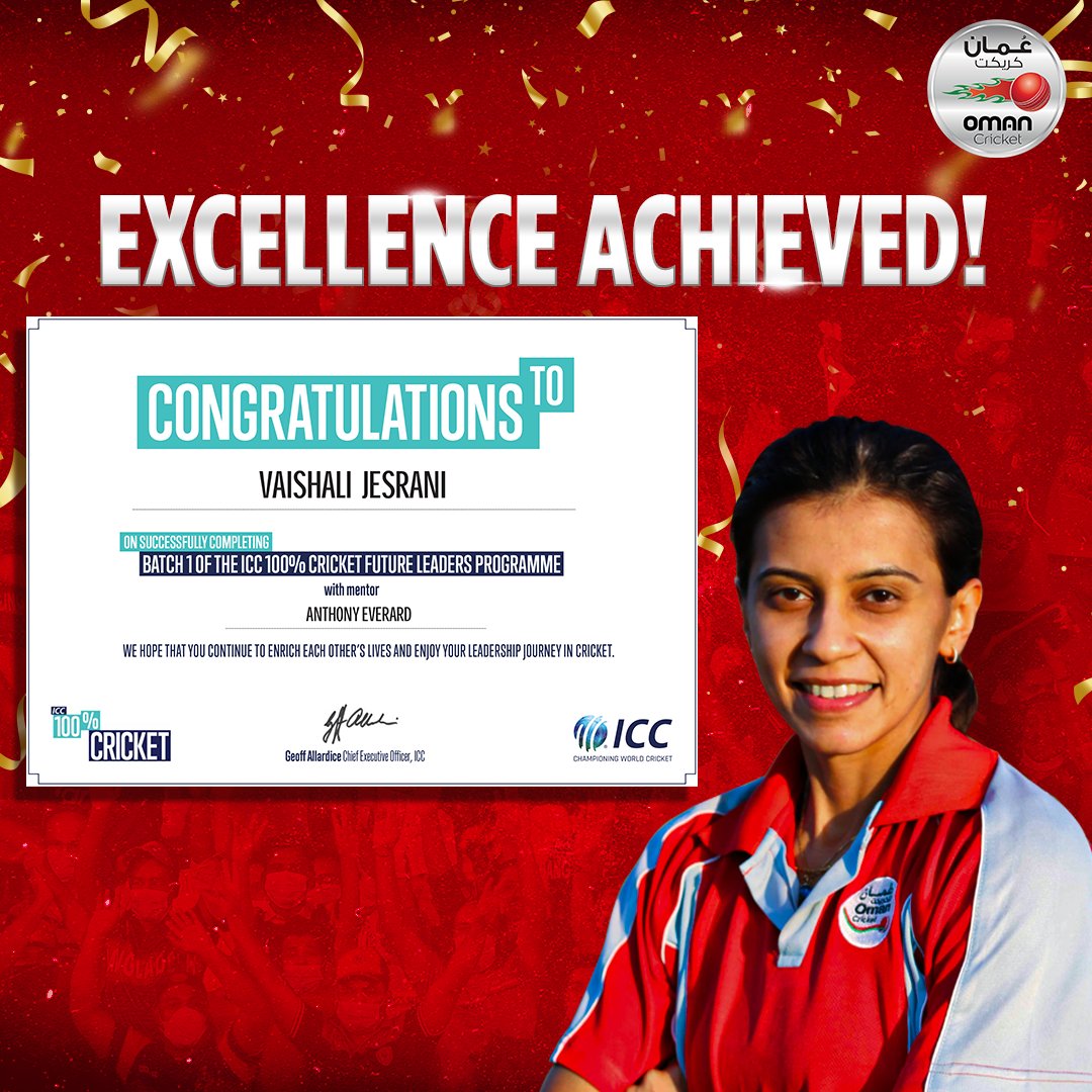 TheOmanCricket's tweet photo. Hearty congratulations to our captain, @JesraniVaishali on successfully completing the Batch 1 of the ICC 100% Cricket Future Leaders Programme 🥳
May you continue to lead team Oman in the right direction! 👏🏼
#OmanWomen #HayyaCricket #ICC #LeadersProgramme https://t.co/bNO7dcHcRD