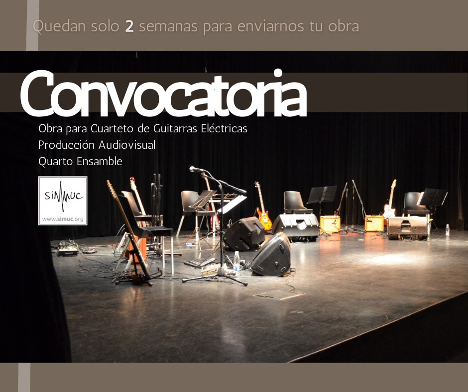 simuc_'s tweet photo. Sigue la cuenta atrás. Envíanos tu obra para cuatro guitarras eléctricas antes del plazo (domingo 9/1/22). Aprovecha esta oportunidad para llegar a audiencias internacionales en las manos de los músicos geniales de Quarto Ensamble. https://t.co/nTIH876Hkr
#simucCall https://t.co/SfuBsLayHA