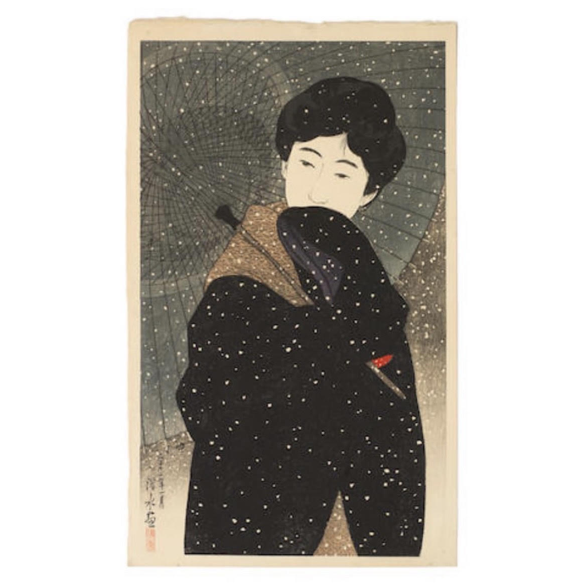 Two wonderful beauty prints in the winter by Ito Shinsui. He became famous for his bijin-ga. In 1952 the Commission for the Protection of Cultural Properties declared his talent to be of “intangible cultural properties” - similar to being deemed a living national treasure.