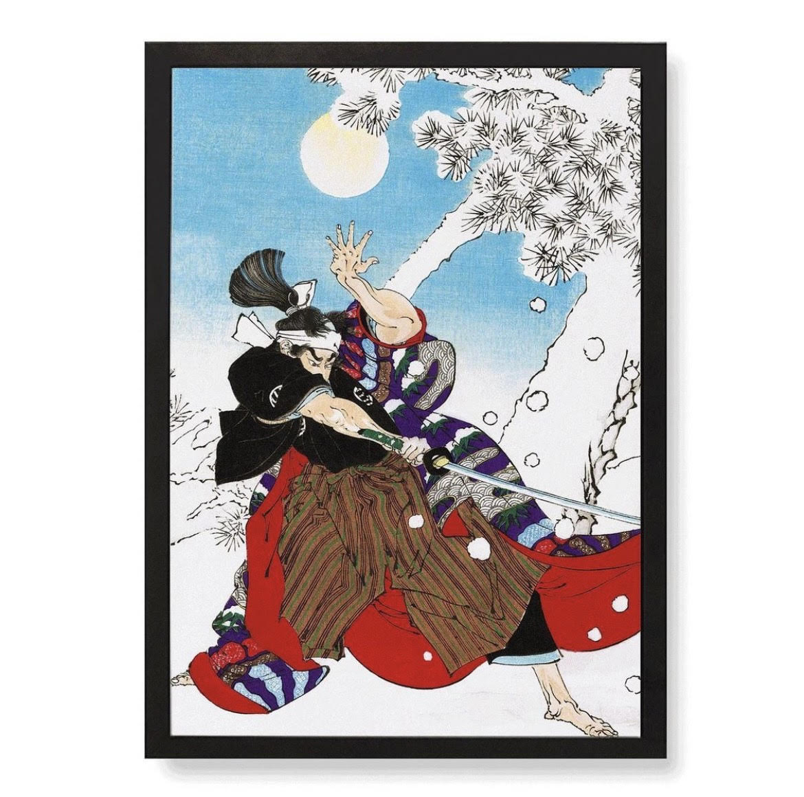 This scene from the play ‘The Treasury of Loyal Retainers’ depicts the antagonist, samurai Kobayashi Heihachirō. Disguised in his nurses kimono, Kobayashi battles to defend his master, Moronao.