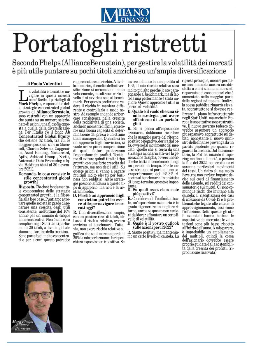 mymediarelation's tweet photo. Mark Phelps, Head of Global Concentrated Growth Equities di @AB_insights, costruisce portafogli con un numero selezionato di azioni adottando una strategia opposta alla #diversificazione. Questa filosofia riesce a fronteggiare al meglio la #volatilità dei #mercati. @MilanoFinanza https://t.co/BhbmLj89yC
