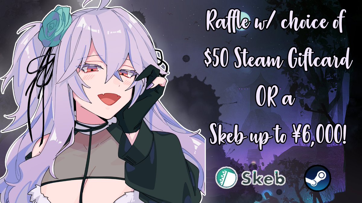 👻💕 $50 Steam Gift Card or ¥6,000 Skeb Raffle 💕👻

As a thank you for 15k followers on Twitch, I'm hosting a raffle for either: 🎮 $50 Stream Gift Card OR up to 🎨 ¥6,000 Skeb artist to commission! 

To Enter: 
🏮 Follow <a href="/IkumiNasai/">Iku</a> + Like
🏮 RT appreciated!
Ends Dec. 27th
