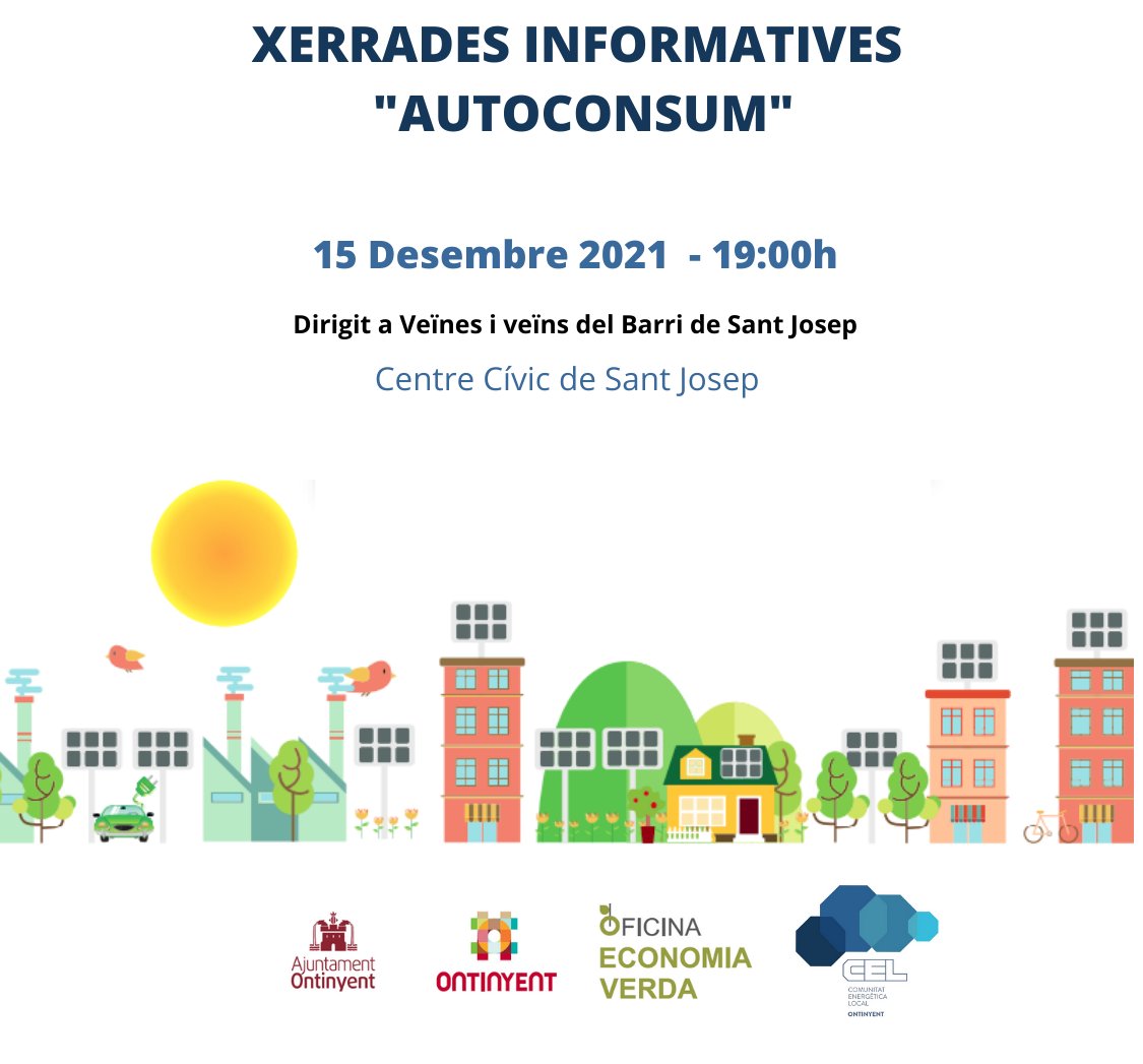 Seguim amb les xerrades informatives sobre autoconsum amb <a href="/ecoverdaonti/">economiaverdaontinyent</a> ! 💪🌎

La pròxima dirigida als veïns del Barri Sant Josep! 

📆 El 15 de desembre
⏰A les 19h
📍 En el Centre Cívic de Sant Josep

Més info de la CEL en
📩 info@celontinyent.com 
👉 celontinyent.com