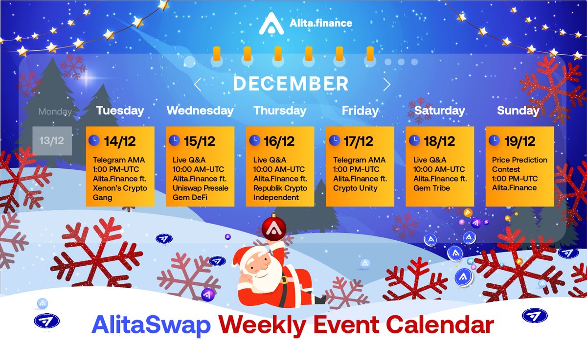 AlitaFinance's tweet photo. 🗓Check out this week's event calendar and be ready for some serious #DeFi talks with our team every week!
 
💥We’re looking forward to seeing you at our upcoming happenings! https://t.co/tX6xSAweu6