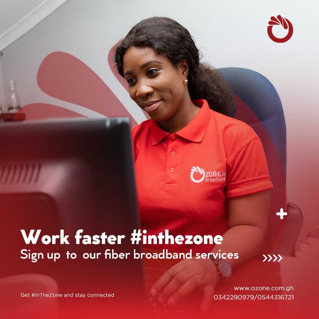 OzoneBroadband's tweet photo. Work stress-free #inthezone with Ozone fiber broadband. 

Connect your office to unlimited high speed internet at a starting price of just 800ghs for installations.

Visit our website via link in bio  &amp; sign up our custom packages. 
You can send a DM for more info.

Get#inthezone https://t.co/SVqVsWQYwr