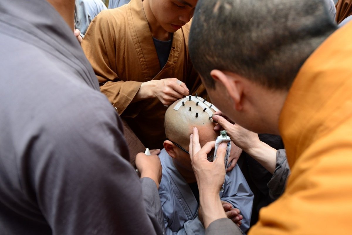 WireManFGC's tweet photo. Fact about the 9 dots on Lei Fei's head - Jièbā are a ritual branding to symbolise knowledge you've acquired in training. Due to the release date of VF4, this was likely outlawed in China when he got them, suggesting his Shaolin-Ken are a more traditional,perhaps outcast clan. https://t.co/l710OoJo8W