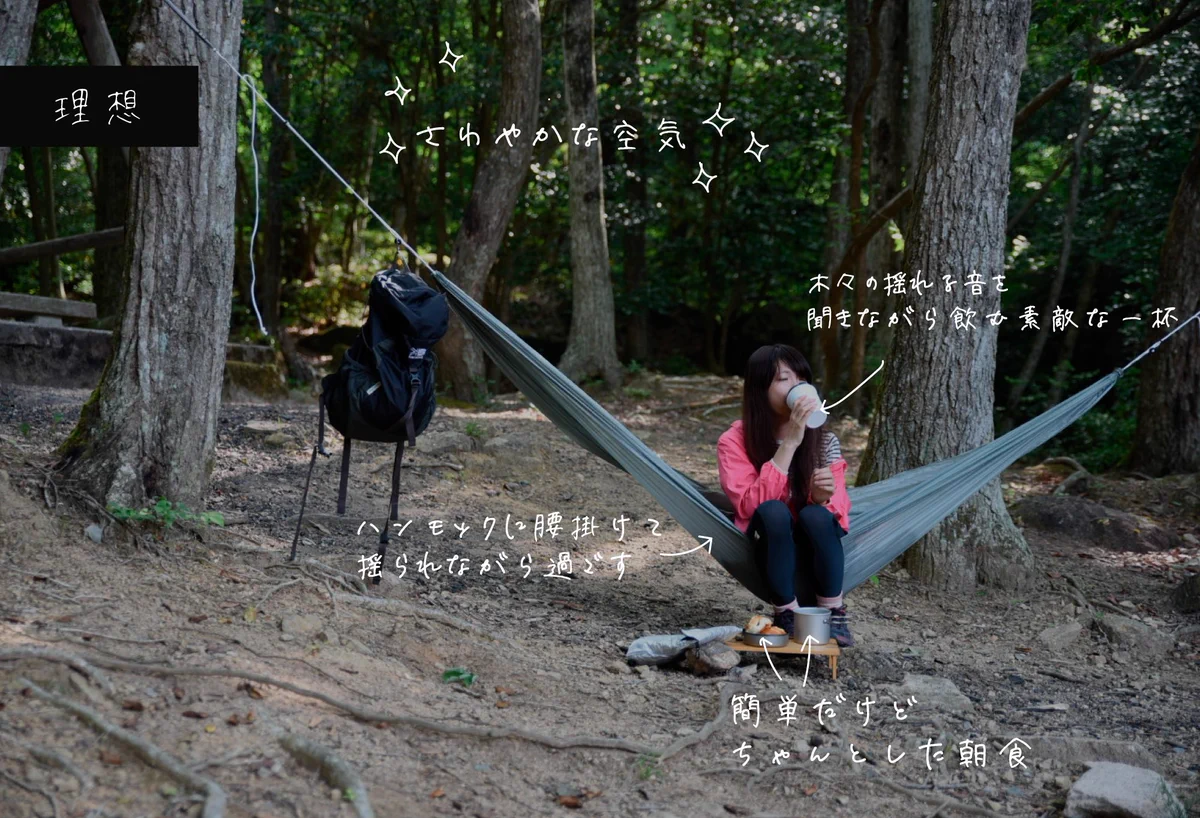 冬のハンモック泊の朝、 理想と現実の差に笑ってしまう。