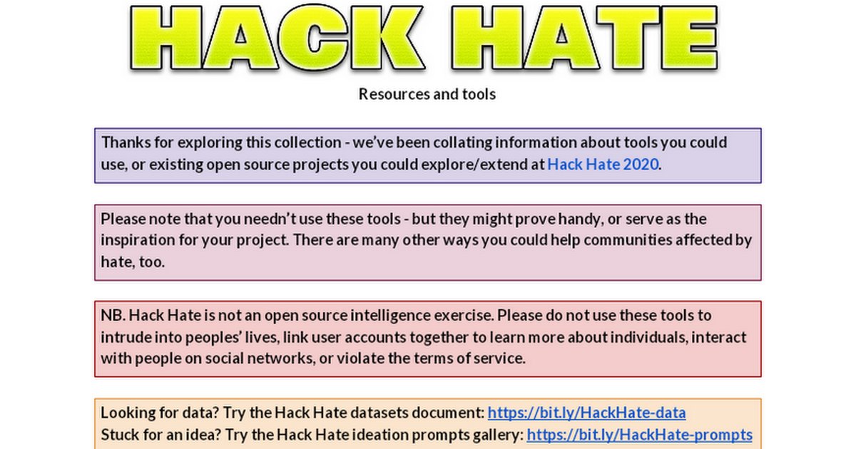 lcptuk's tweet photo. Hack Hate 2020 tools and resources
A collection of resources for use in projects to combat online hate speech
https://t.co/CxLnZpa36D https://t.co/YQTiAm0Hpp