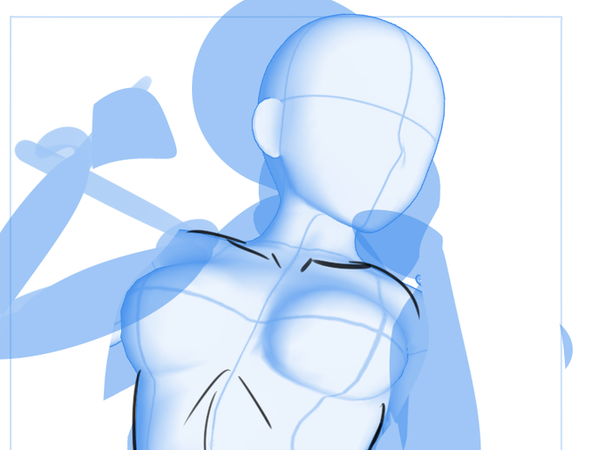 クリスタの3Dモデル、肩周りの可動範囲がちょっと不満なところが多いので、そこはマスクで非表示にして自分でアタリをつける…というのとモデルをなぞるのでなく、近い写真を見て描くようにしている。 