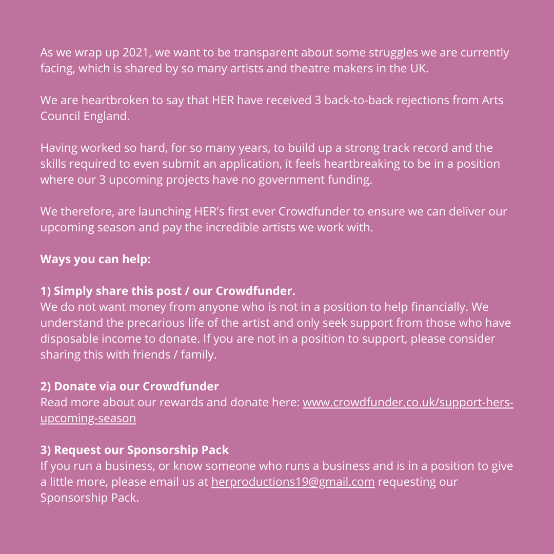 As we wrap up 2021, it's time for some financial transparency. We send love to all our fellow artists in the same position we are.

Thank you for taking the time to have a look. If you're in a position to donate, or 'share' it would mean the world. 

crowdfunder.co.uk/support-hers-u…