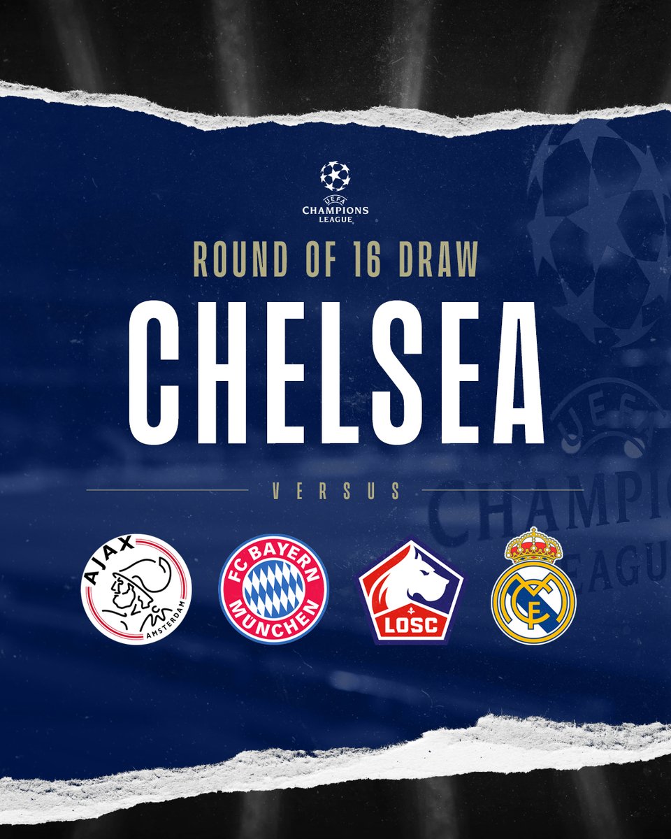 ChelseaFC's tweet photo. The #UCLDraw gets underway soon!

Who do you want in the last 16? 🤔 https://t.co/CTSMuE6FB3