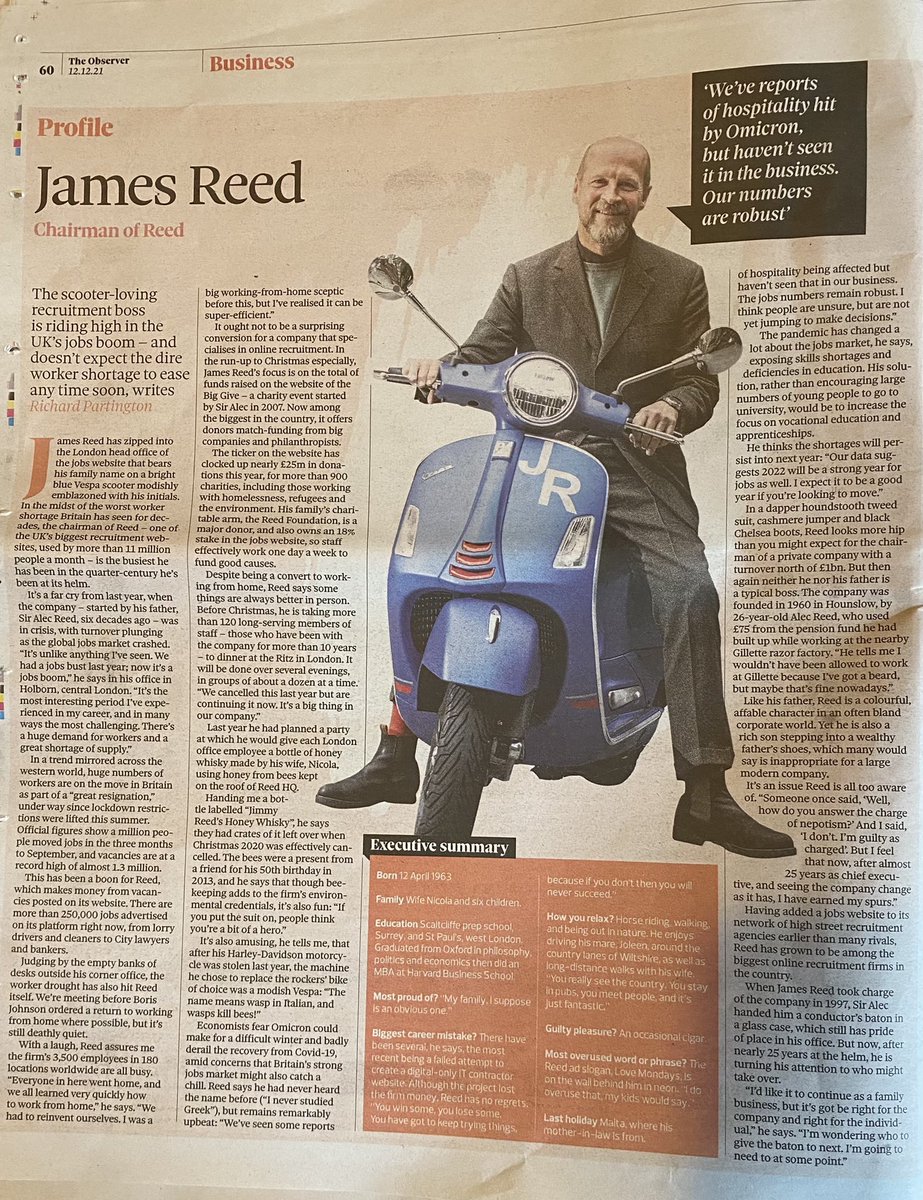 HadleysComment's tweet photo. Gt profile of @James_A_Reed in yesterday’s @ObserverUK. Lots of topical issues covered including #jobsboom (“2022 will be strong year for jobs”), skills, vocational training, @BigGive charity, honey whiskey & managing change (incl the transition from a Harley to a Vespa!). https://t.co/KYyB0O3xBy