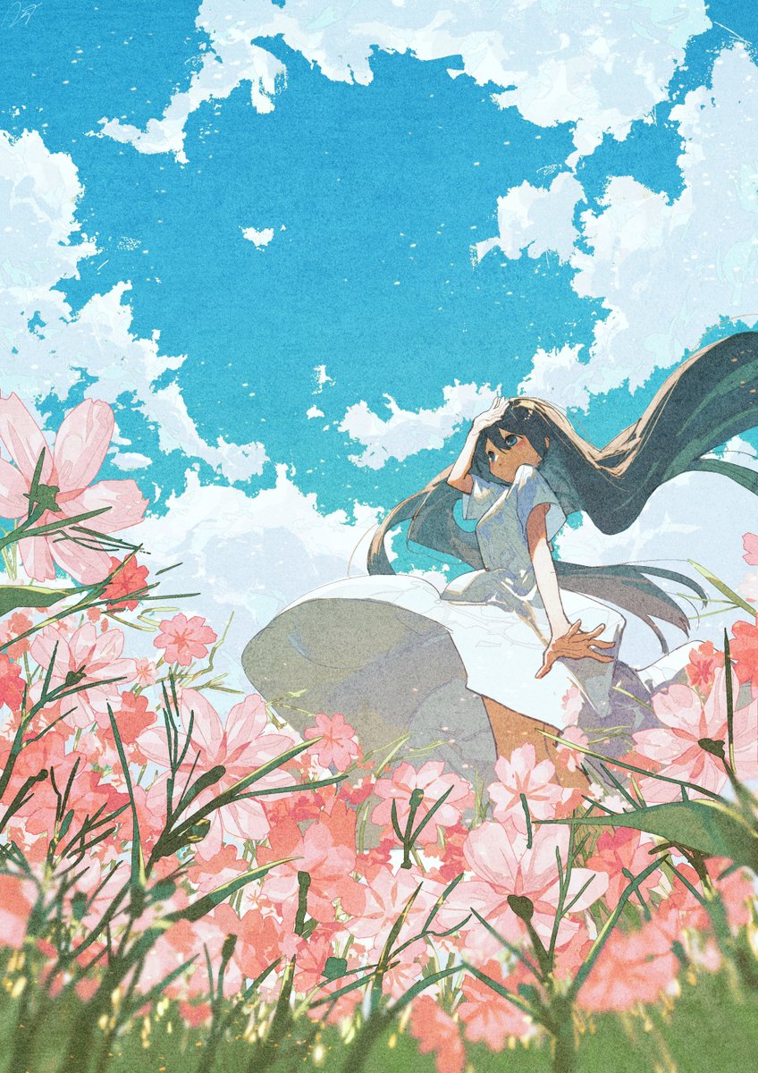 1girl flower solo sky long hair dress cloud  illustration images