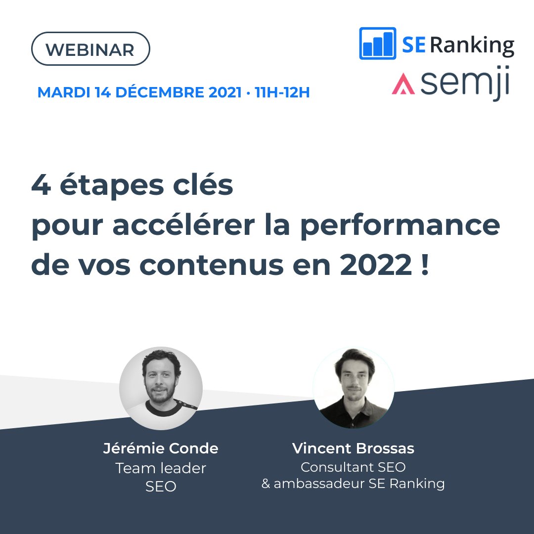 Plus que quelques heures pour vous inscrire à notre webinar “4 étapes clés pour accélérer la performance de vos contenus en 2022 !” animé par <a href="/VincentBrossas/">Vincent B.</a> et Jérémie Conde.

📅 Demain (mardi 14 décembre)
🕑 11h
hubs.la/Q010GPJL0