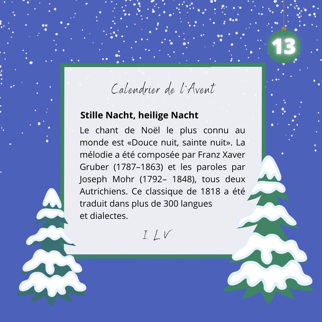 DevinciExec's tweet photo. #MagicILV // Jour 13 - Calendrier de l'#Avent

"Douce Nuit ", la fameuse #chanson qui rentre dans nos têtes en période de #Noël, à été traduite dans plus de 300 langues et dialectes. 🎵 #anecodte #noel https://t.co/vohLFAIxM1