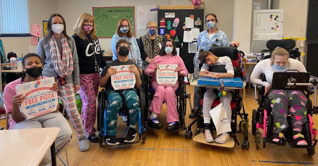 Pizza and Pjs party in Ms. Wingate's room as a reward for all of their hard work! #AmazingIU20Kids #AmazingIU20Staff