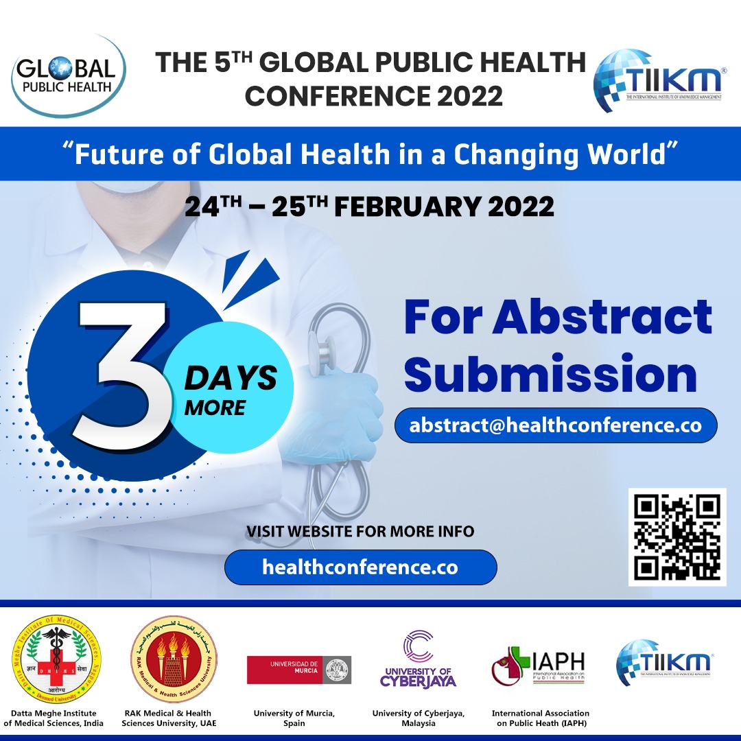 Tiikm_SriLanka's tweet photo. 03 Days more to Hop on Board for the 5th Global Public Health Conference 2022 (GLOBEHEAL 2021) scheduled to be held on 24th – 25th February 2022.
Submit your Abstract to abstract@healthconference.co
#Globeheal2022 #TIIKM #Abstract_Submission #3DaysMore https://t.co/RJAjfvNUpr