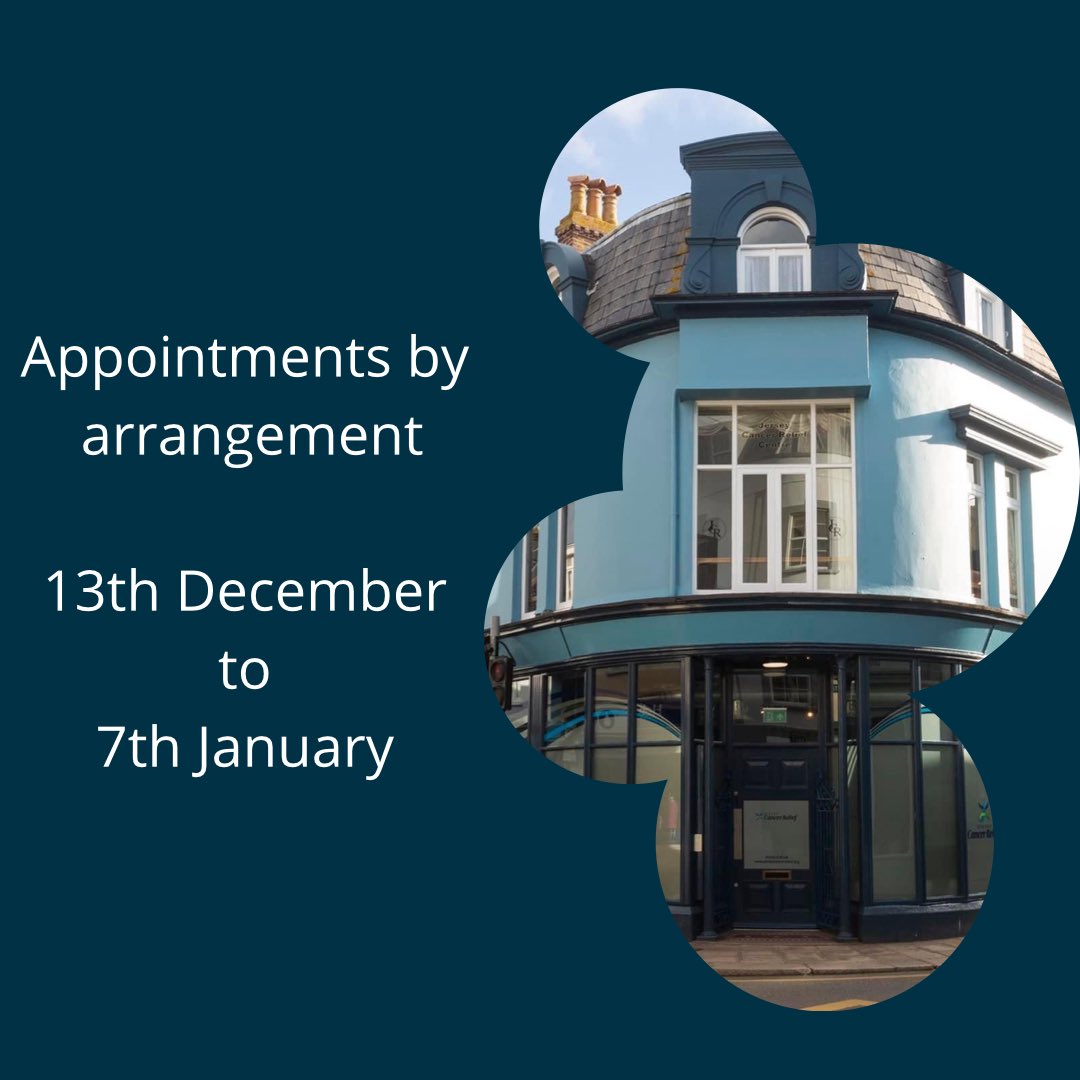 Over the festive period our Centre will be open for prearranged appointments.

Please email or call us to again:
📧 contact@jerseycancerrelief.org
📞 01534 618148