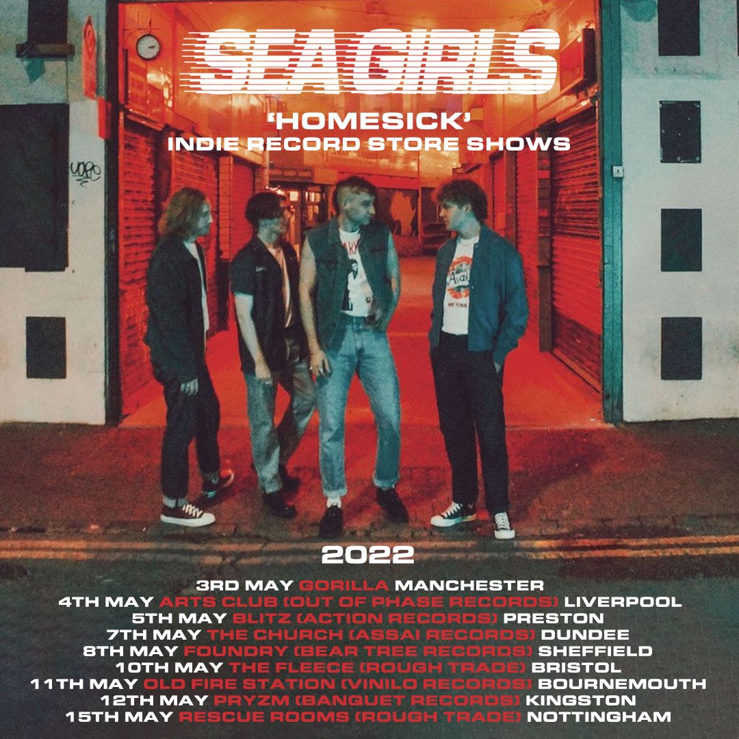 We miss you all so much❤️‍🔥 We’re playing special record store gigs to celebrate the release of Homesick

On sale tomorrow 11AM (14/12) grab your ticket bundle  SEAGIRLS.lnk.to/outstores

These will be our 1st UK shows of ‘22 only via indie record stores be quick, they’re gonna go!