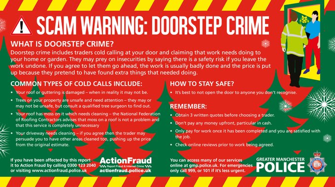 GMPTrafford's tweet photo. #ScamWarning
Please be aware criminals will often target elderly residents in bogus workmen scams, taking cash for roofing or building work that is never completed, even during the festive season.  STAY SAFE do not open the door to anyone you do not recognise. Please RT https://t.co/e3oswDmWiS