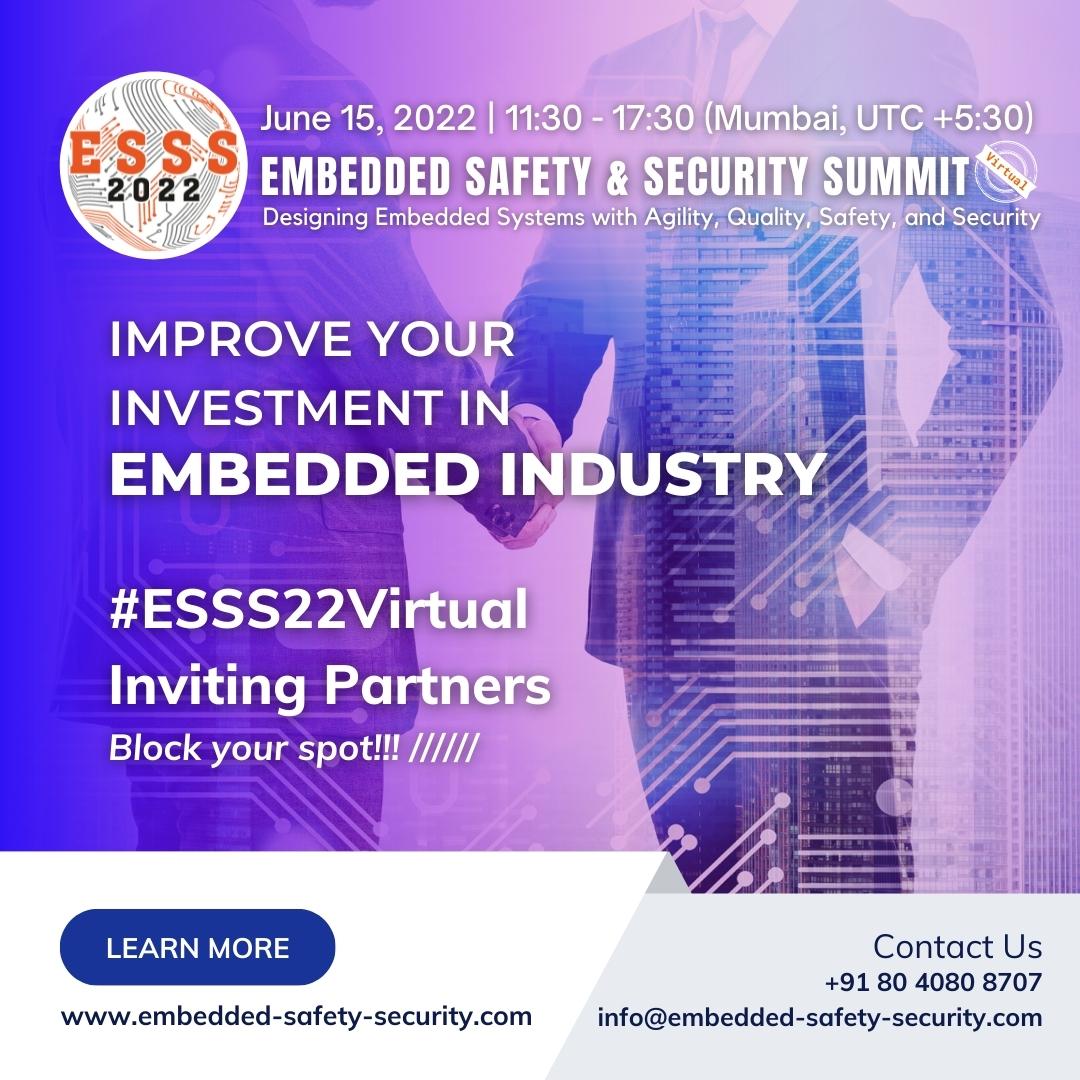 ESSSUMMIT's tweet photo. Explore the power of business #partnerships and create business synergies with technological solutions at the exclusive arena of #Embedded #Safety and #Security Summit–2022 on 15 June 2022. To BLOCK YOUR SPOT, visit - https://t.co/oi8puxxvQ2.
#ESSS22Virtual #ESSS #VirtualEvent https://t.co/Owu8Se0zDg