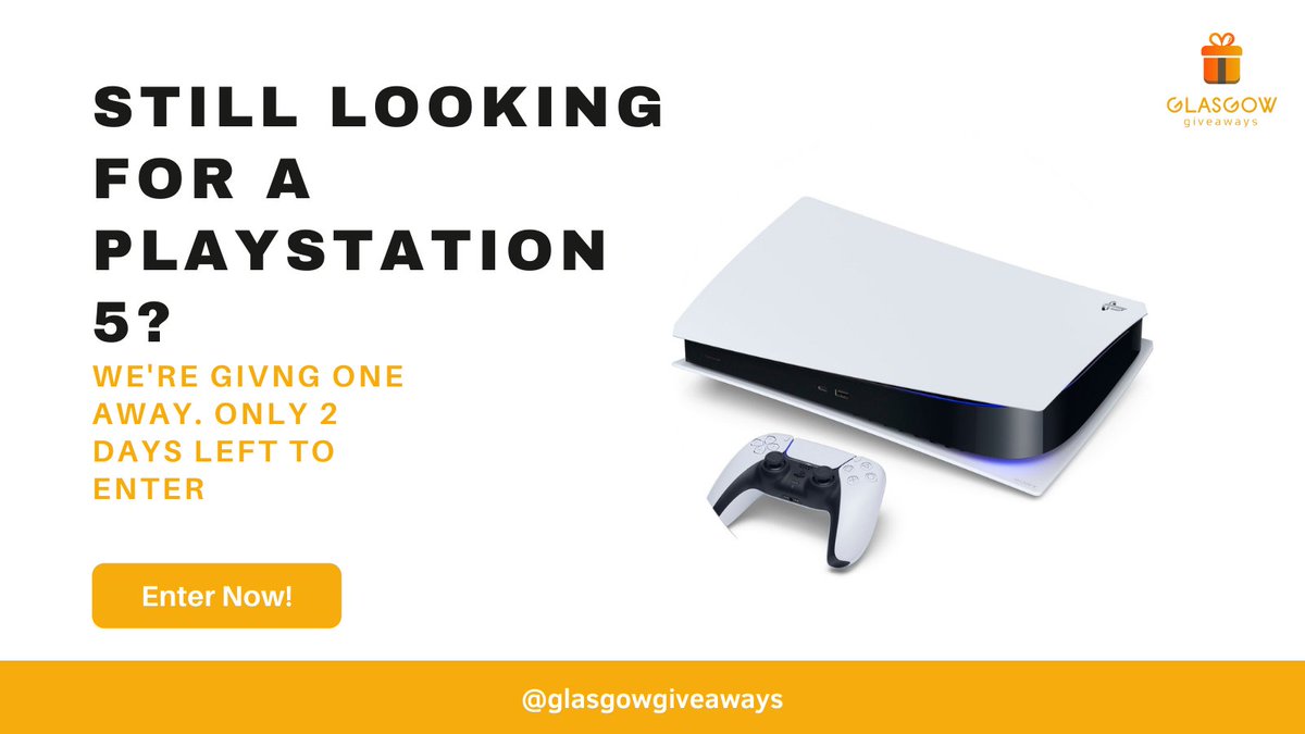 glasgowgiveaway's tweet photo. Are you still frantically trying to find a PS5 for Christmas this year?

We’re giving one away for just £1.99 per ticket. 

Hurry! There’s only 2 days left to enter!
https://t.co/6SglQOMOc0

#glasgowbusinesses #playstation #videogame #playstation5 #giveaway #contest #raffle https://t.co/fPoyjyDrwr