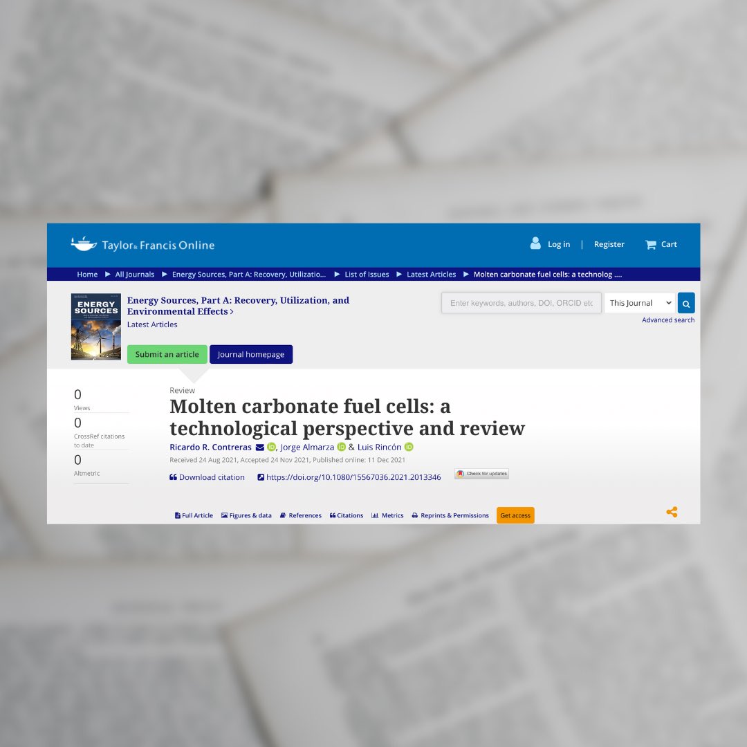 ewlspain's tweet photo. Molten carbonate fuel cells: A technological perspective and review by Jorge Almarza, Ricardo R. Contreras and Luis Rincón is a newly published scientific article in #taylorandfrancis journal. The authors are members of our scientific research and development team. https://t.co/CFJJ5AQzYQ