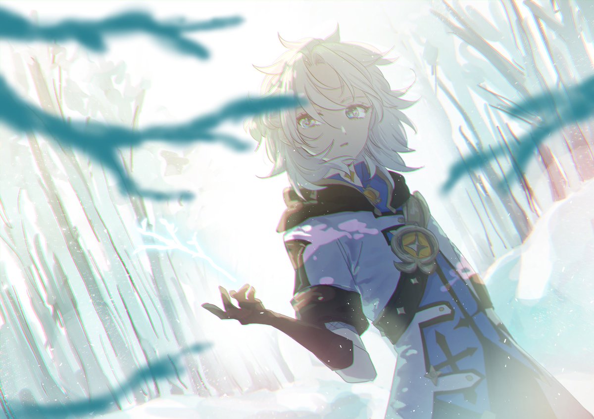 albedo (genshin impact) 1boy male focus solo gloves tree snow outdoors  illustration images