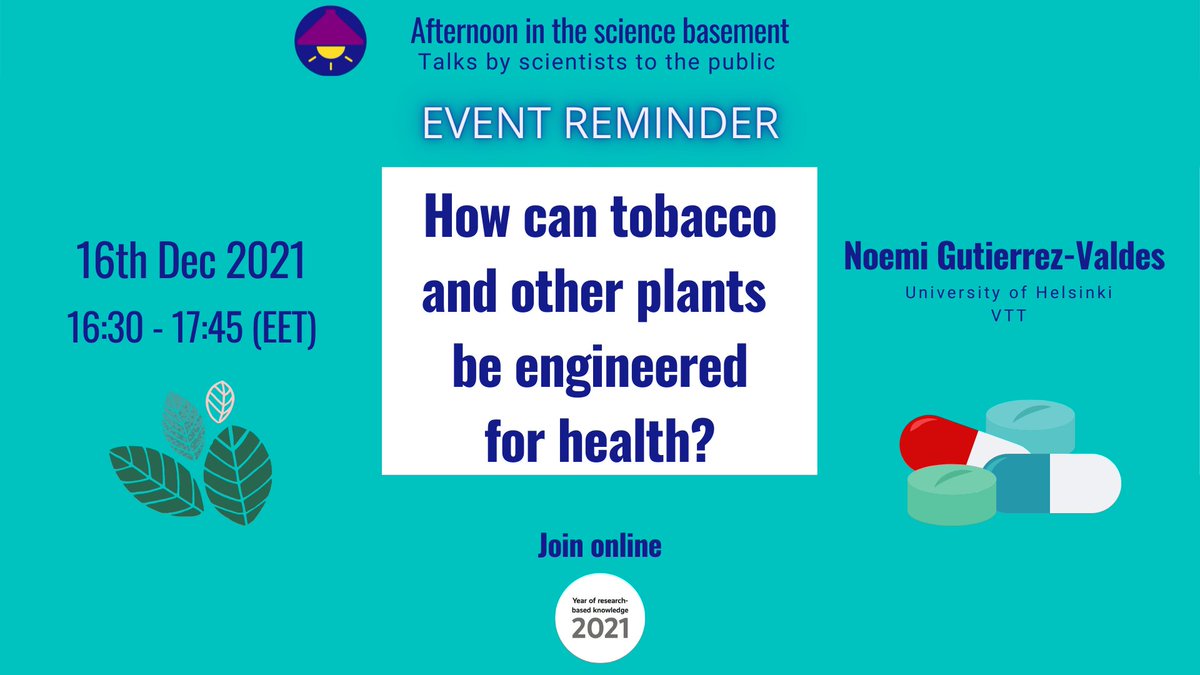 ScienceBasement's tweet photo. Join us on Thursday 16th of December at 16:30 (EET) for a amazing talk about how #tobacco and other plants can be #bioengineered for health!
β β β β β β β β β β β β
https://t.co/BiB9lo1gzJβ
#scicomm #thesciencebasement #phdlife #universityofhelsinki #myhelsinki #tttv21 https://t.co/9z04cEBq1J