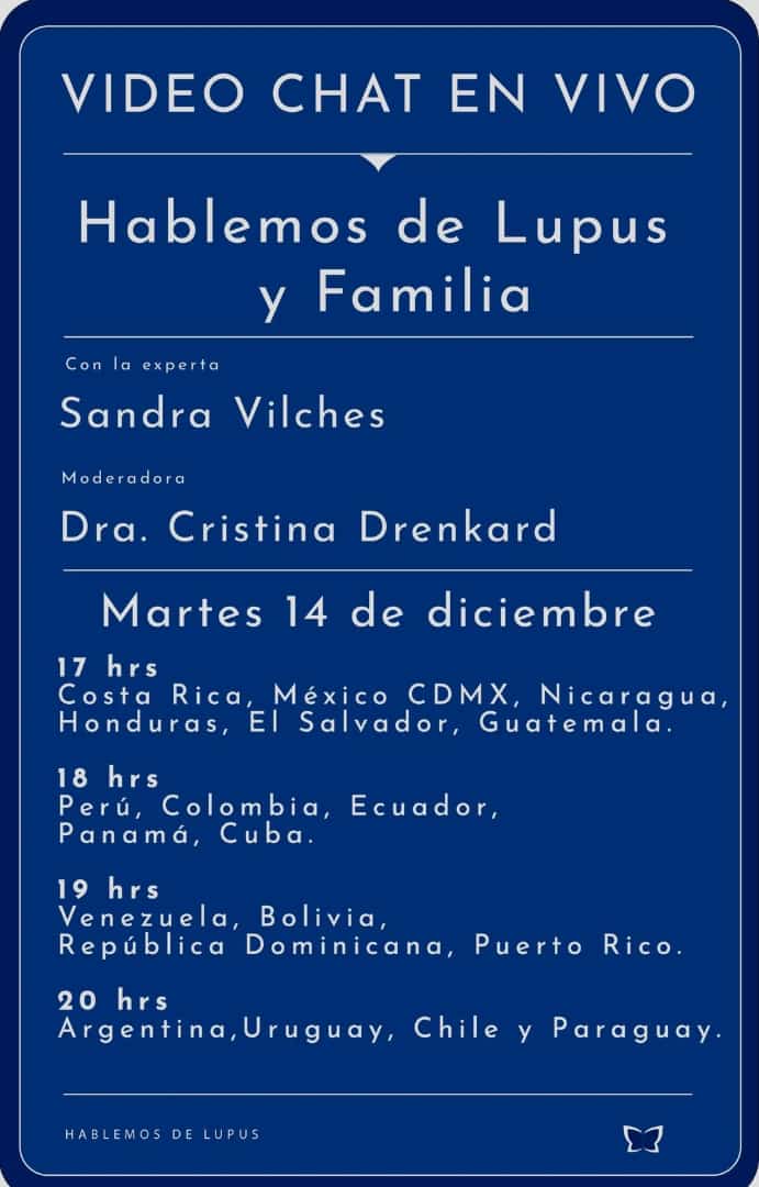 LupusCordoba's tweet photo. Hablemos de Lupus te invita a su próximo video chat en vivo *Hablemos de Lupus y Familia* con nuestra invitada experta: *Sandra Vilches* (Lupus Córdoba, Argentina) y nuestra moderadora: *Dra. Cristina Drenkard* (Directora de Hablemos de Lupus)

Es este martes 14 de diciembre https://t.co/vyKroQW2Mh