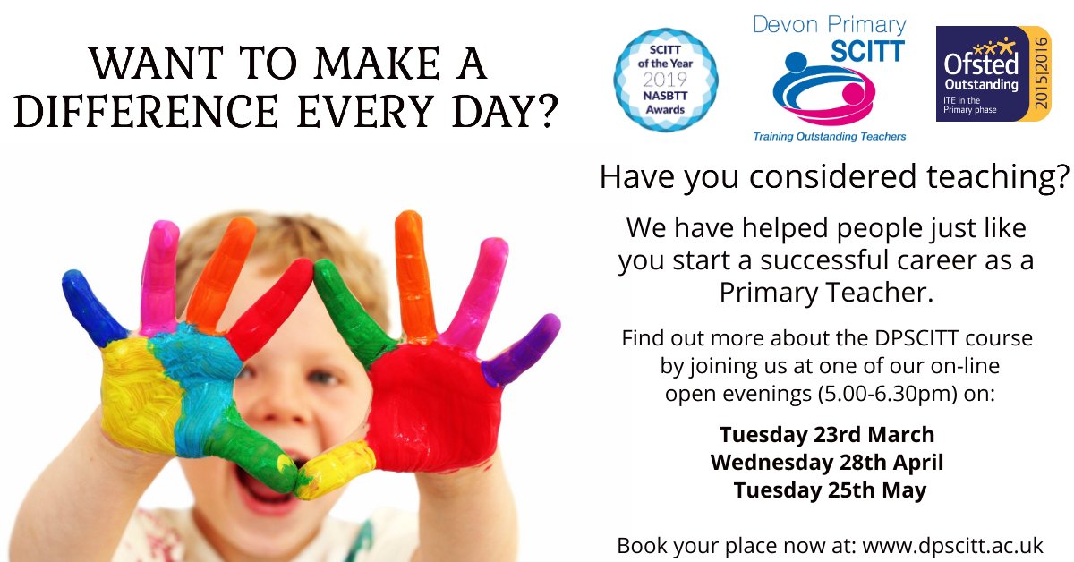 Find out more about primary teacher training at the <a href="/dpscitt/">Devon Primary SCITT</a> Spring Term online Open Evenings.
👉Book here dpscitt.ac.uk 
#teachertraining #careerinteaching #newcareer
<a href="/ColytonTsh/">ColytonTSH</a>