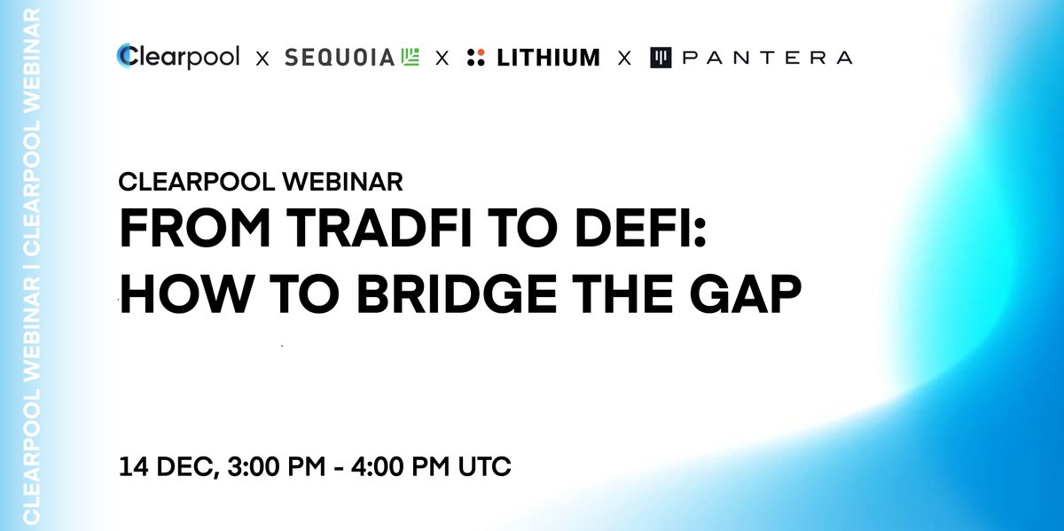 ClearpoolFin's tweet photo. 🗓️It's on tomorrow...

🤩#Clearpool's next #Webinar!

💥From TradFi to #DeFi: How to Bridge the Gap💥

💁‍♂️Expert Panelist from @LithiumFinance, @PanteraCapital, @Sequoia_India, and Clearpool.

👉Save your spot: https://t.co/5zM6CuPyft

$CPOOL https://t.co/mb1HkaMBy7