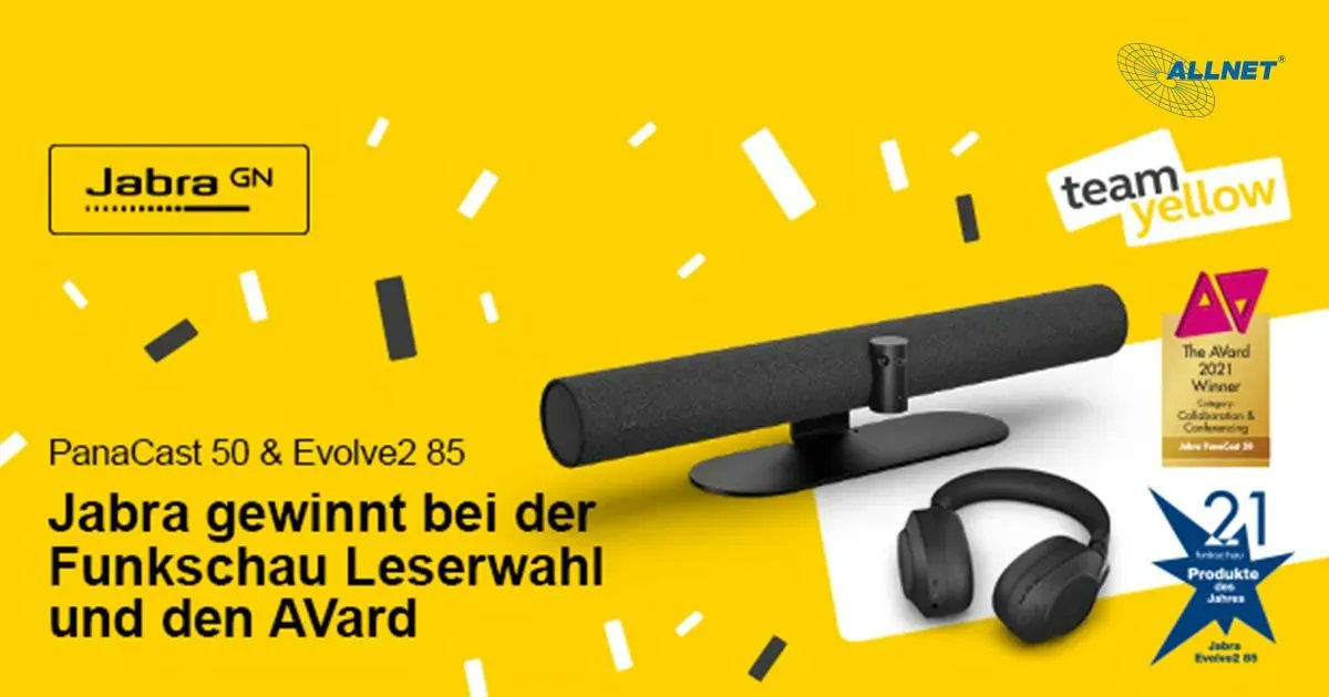 ALLNETGmbH's tweet photo. Wir feiern immer noch – @JabraDE gewinnt bei der #Funkschau Leserwahl und den #AVard ➡️ https://t.co/ge5IPmcnhg Es ist unglaublich: Innerhalb weniger Tage räumten zwei #Jabra Produkte – das Headset Evolve2 85 &amp; das Videokonferenzsystem PanaCast 50 – jeweils erste Preise ab […] https://t.co/82wUiW2d7O