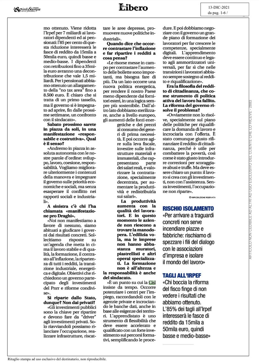 CislNazionale's tweet photo. 🗞 Per arrivare a traguardi concreti non serve incendiare piazze e fabbriche. Saremo in piazza il #18dicembre con le nostre parole d’ordine: sviluppo, lavoro, responsabilità, per migliorare la manovra. Noi non manifestiamo contro o a favore di nessuno: #LuigiSbarra su Libero https://t.co/JBbu5kBxVc