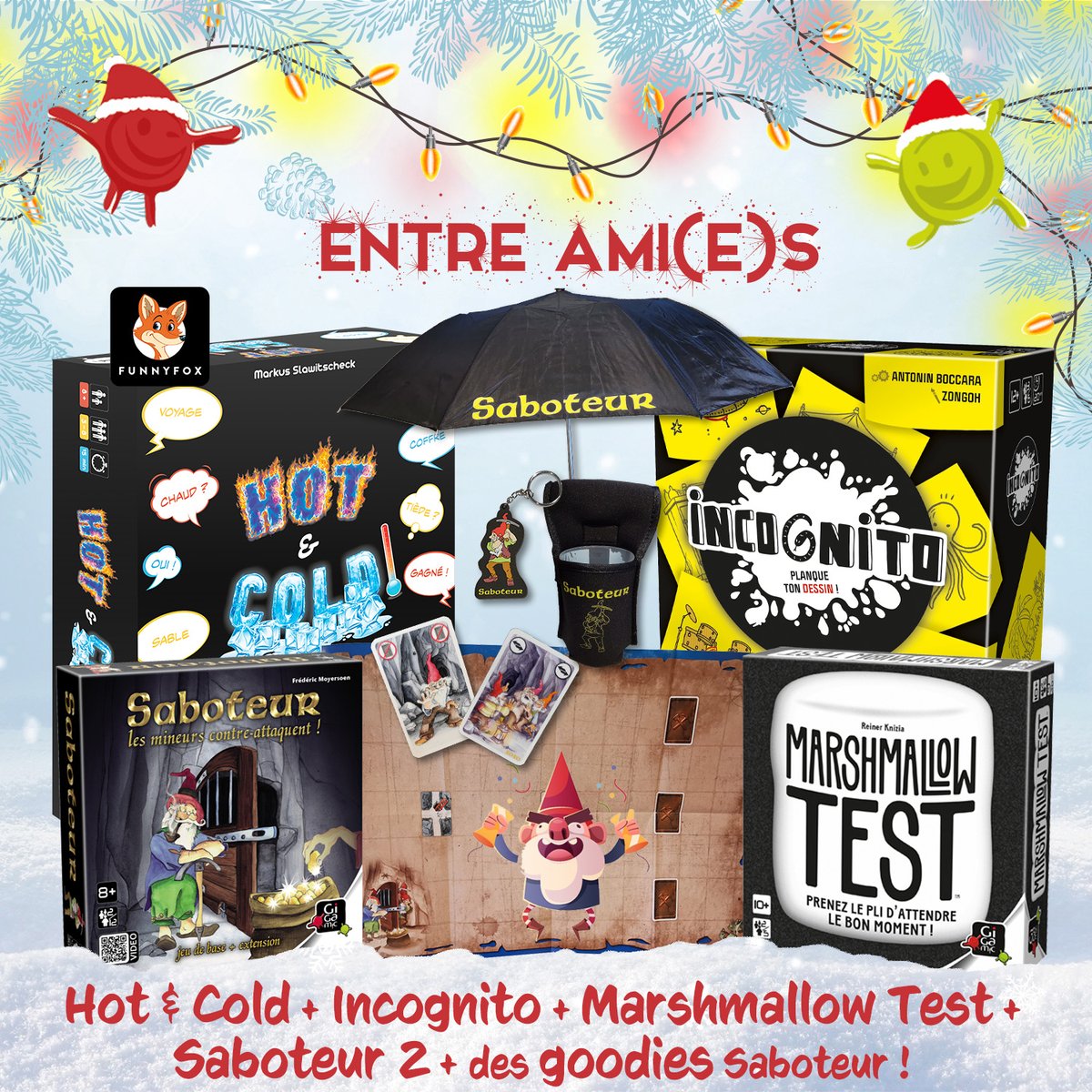 Gigamic's tweet image. 🎁S3 - Gigalendrier de Noël🎄

Pour des soirées animées entre ami(e)s voici un incroyable lot de #j2s : #Hot&amp;amp;Cold, #Incognito, #MarshmallowTest, #Saboteur2 et son lot de #goodies ! 🎅

Pour participer :
➡️ Follow @Gigamic et @FunnyfoxGames
➡️ RT ce tweet avant le 19/12 minuit