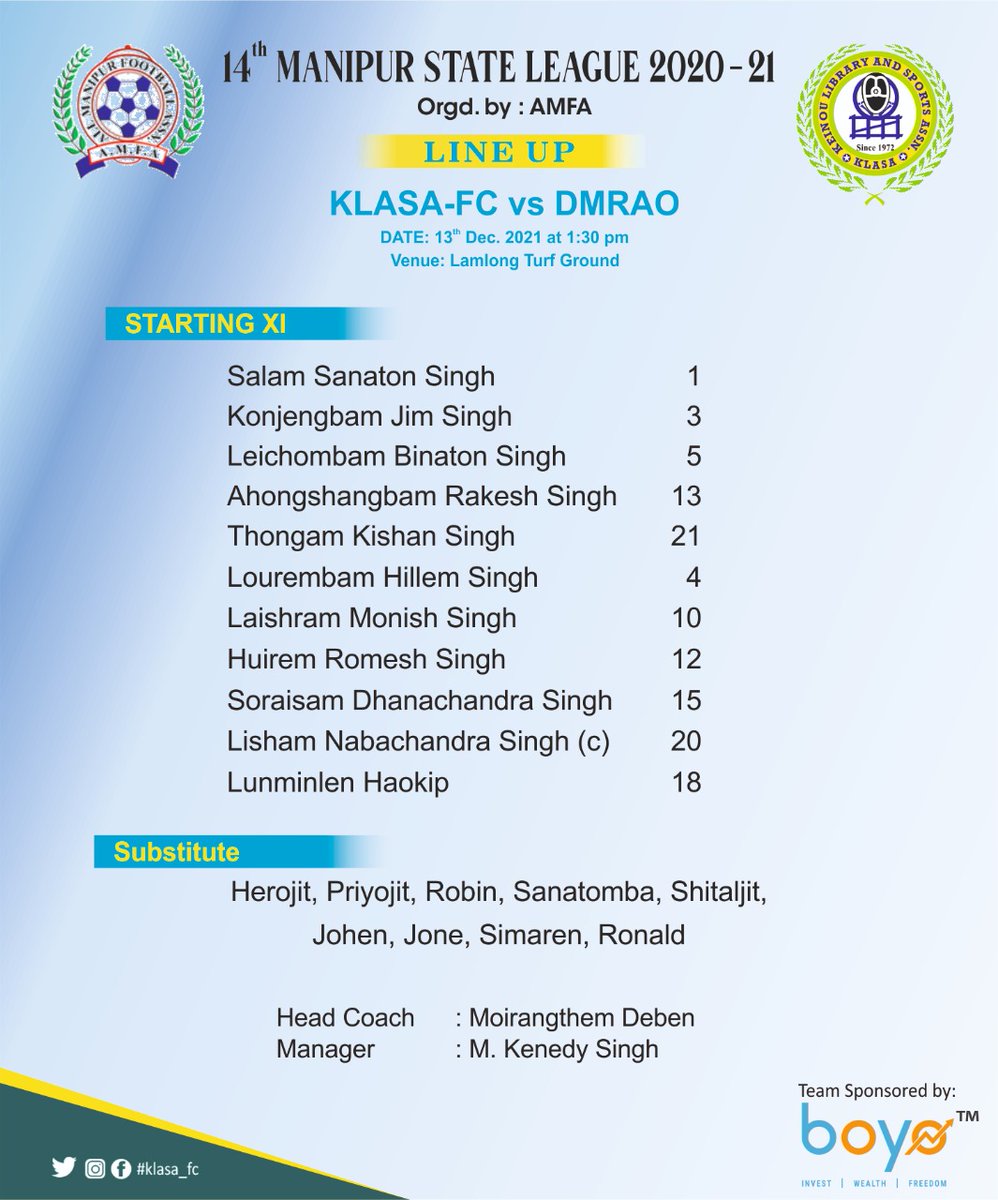 klasa_fc's tweet photo. Starting 11 for Today's Match against #DMRAO https://t.co/GPvqfz9zCw