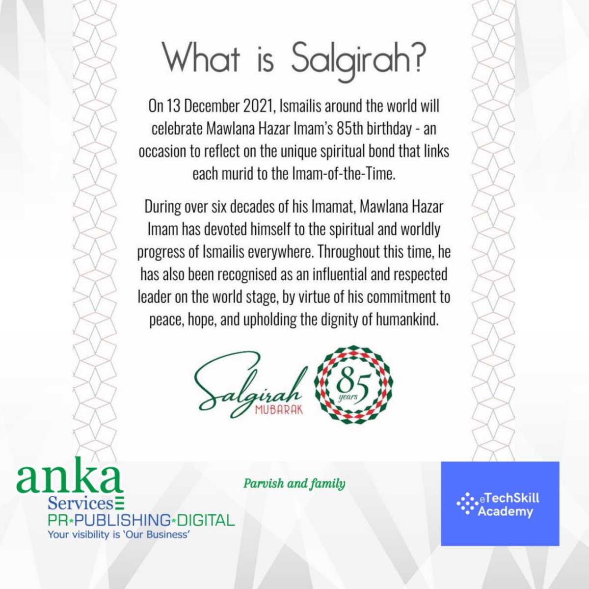 ParvishK's tweet photo. Happy 85th Salgirah Mubarak! Prayers 🙏 #saligrahmubarak #agakhan #parvishlifelessons https://t.co/PxzLjPOHWE