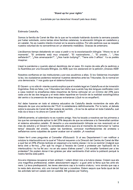 AEBCatalunya's tweet photo. 📢 La familia de Canet de Mar hace pública una carta donde agradece los apoyos recibidos y explica las razones por las que solicitó la escolarización bilingüe

👇 https://t.co/qvFSfPLlhF