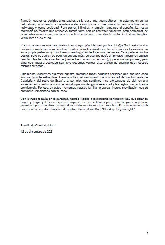 📢 La familia de Canet de Mar hace pública una carta donde agradece los apoyos recibidos y explica las razones por las que solicitó la escolarización bilingüe

👇